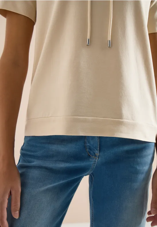 Shirt met korte mouwen, capuchon en tekst pearl beige