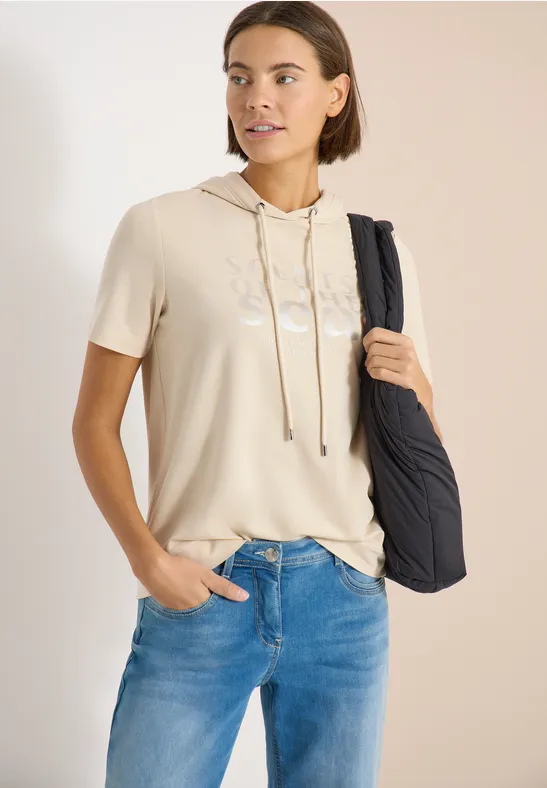 Shirt met korte mouwen, capuchon en tekst pearl beige