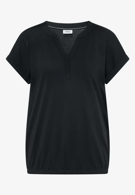 Schwarzes T-Shirt mit kurzem Ärmel, V-Ausschnitt und elastischem Saum.