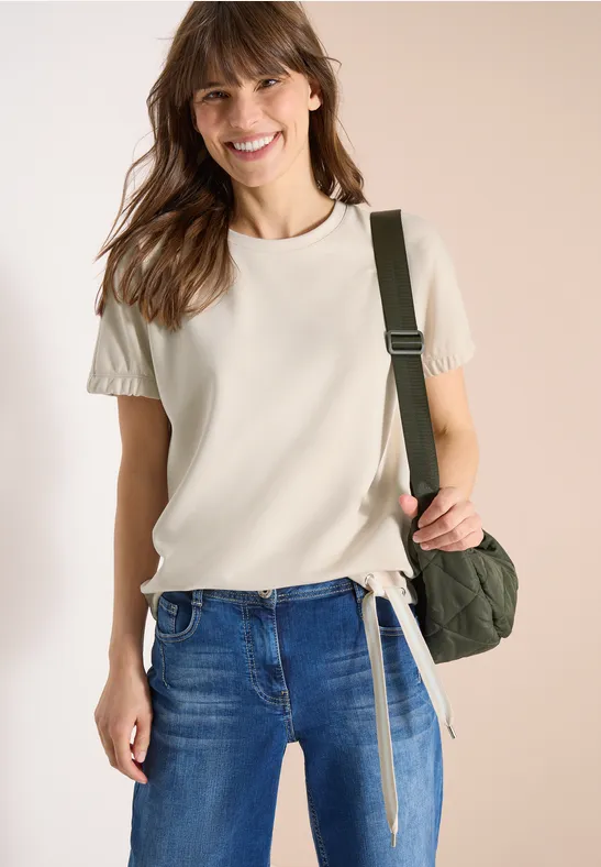 T-Shirt mit Rundhals und Raffung pearl beige
