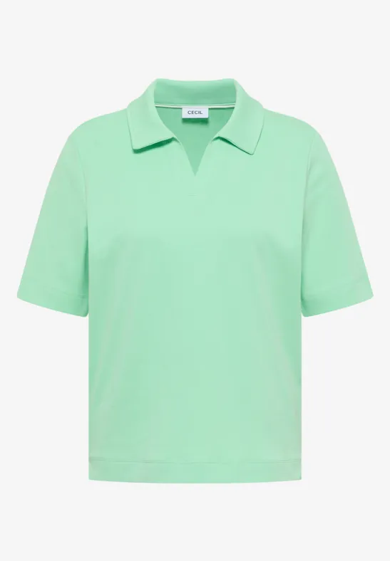 Ein mintgrünes Kurzarm-Poloshirt mit umgeschlagenem Kragen.
