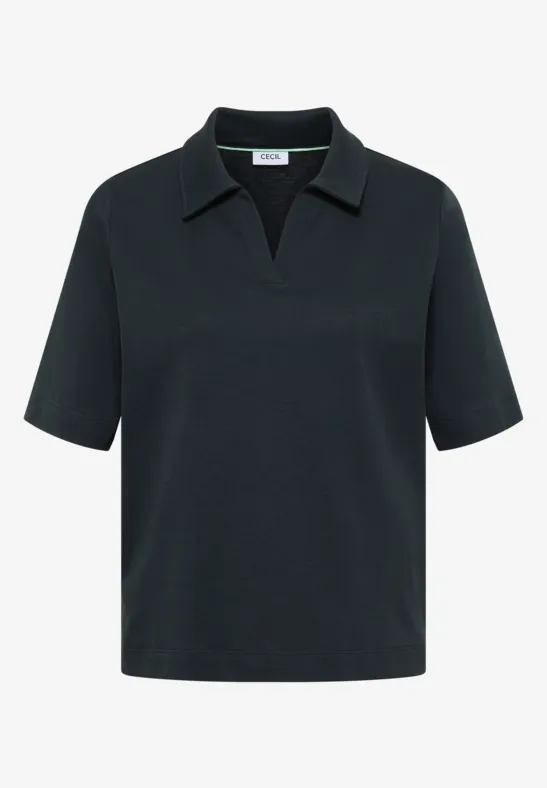 Schwarzes, schlichtes Poloshirt mit V-Ausschnitt und kurzen Ärmeln.