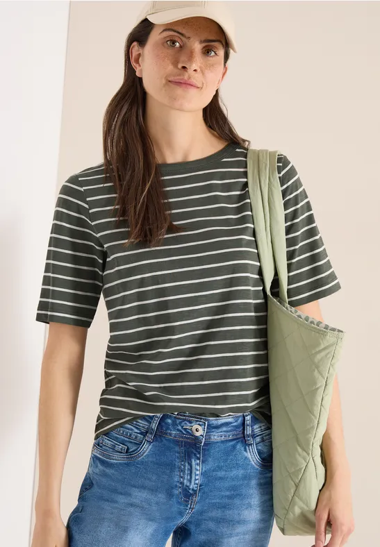 T-shirt à rayures et encolure en U khaki