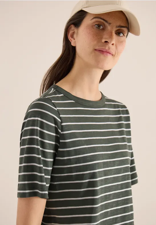 T-shirt à rayures et encolure en U khaki