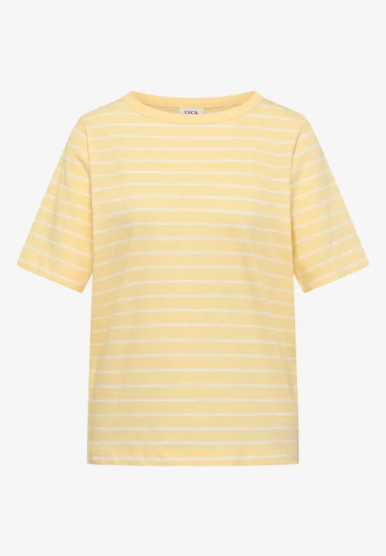 Gelbes T-Shirt mit weißen, horizontalen Streifen und Rundhalsausschnitt, kurzärmelig.