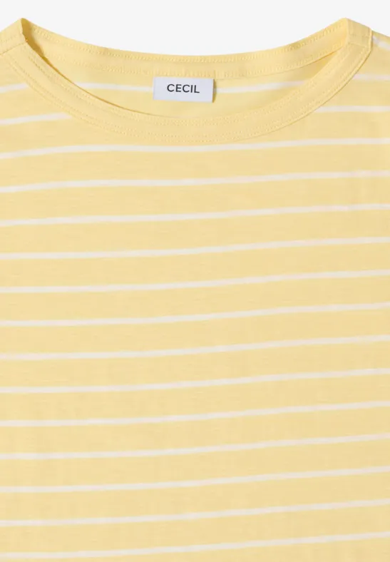 Gelbes T-Shirt mit weißen horizontalen Streifen und Rundhalsausschnitt.