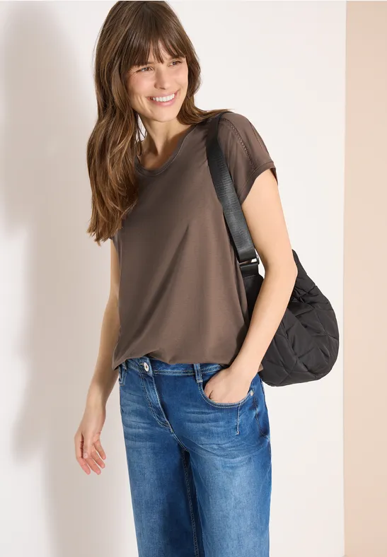 T-Shirt mit V-Neck und Spitzendetail urban taupe