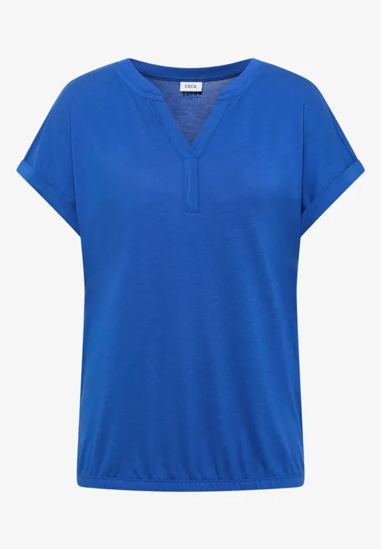 Kobaltblaues Damen-Shirt mit V-Ausschnitt, kurzen Ärmeln und elastischem Bund.