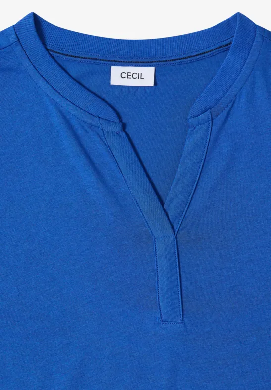 Blaues Damen-Shirt mit V-Ausschnitt und kleinem Kragenansatz, Marke CECIL