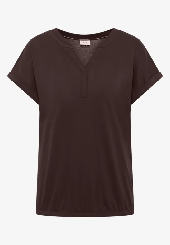 Dunkelbraunes, kurzärmeliges Damen-Shirt mit V-Ausschnitt und lockerer Passform.