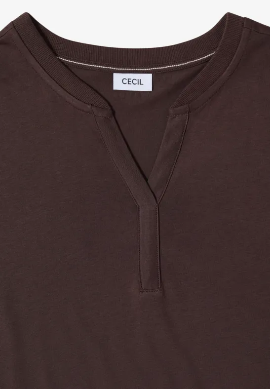 Dunkelbraunes Langarmshirt mit Rundhals und kleinem V-Ausschnitt, Markenlabel 'CECIL' am Nacken
