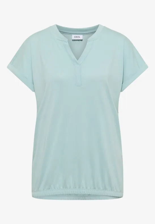 Mintgrünes T-Shirt mit V-Ausschnitt, kurzen Ärmeln und elastischem Saum.