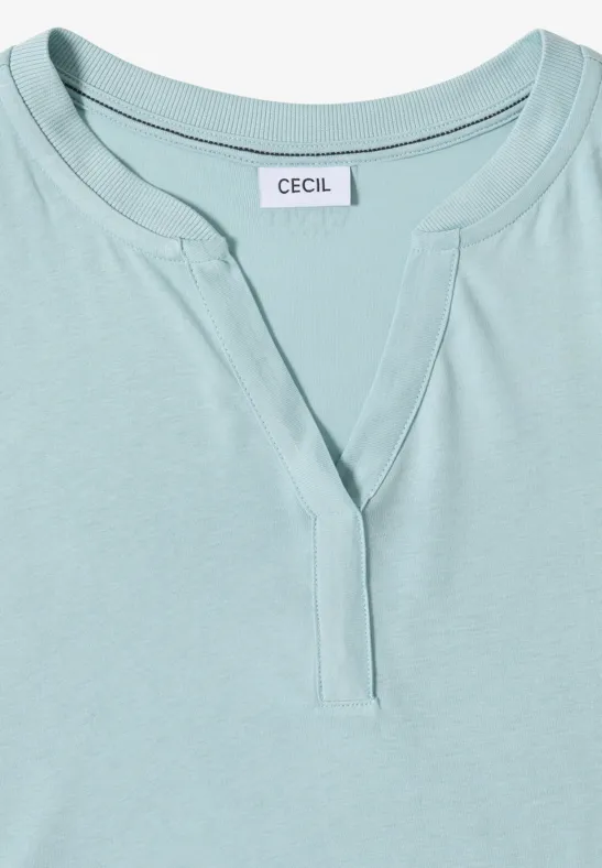 Hellgrünes T-Shirt für Damen mit rundem Ausschnitt, V-Schlitz und unifarbenem Design