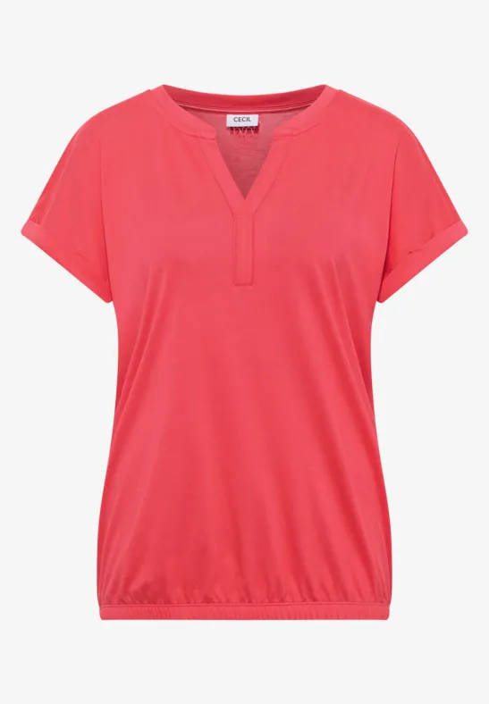 Rotes, tailliertes T-Shirt mit kurzen Ärmeln, V-Ausschnitt und elastischem Saum.