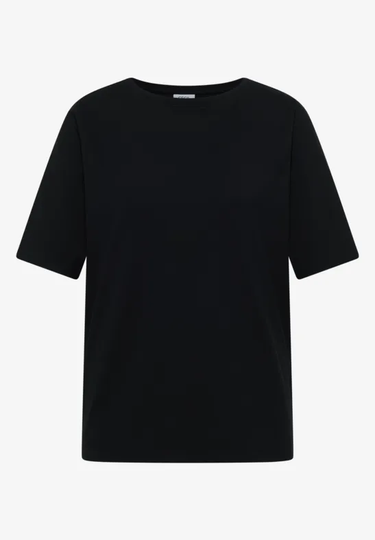 Effen zwart T-shirt met korte mouwen en ronde hals.