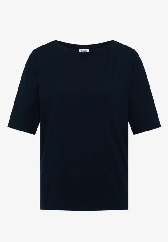 Donkerblauw T-shirt met halflange mouwen en ronde hals.