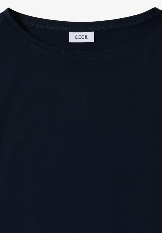 Donkerblauw T-shirt met ronde hals en een „Cecil“-label in de kraag.