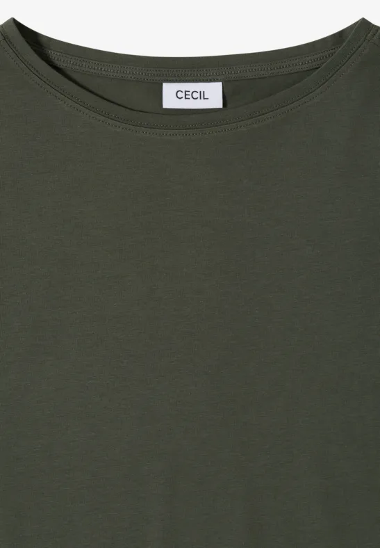 Olivgroen T-shirt met ronde hals en ‘CECIL’-label in de nek.