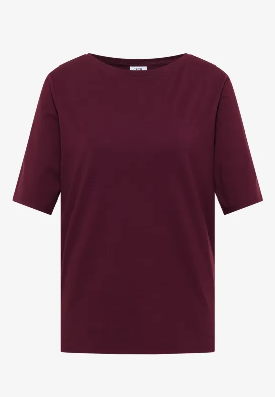Een eenvoudig T-shirt met korte mouwen in donker bordeauxrood en een ronde hals.