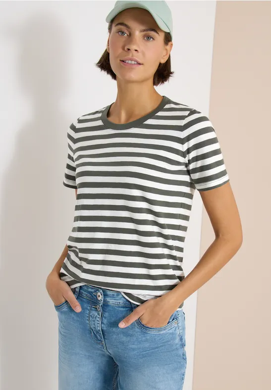 T-Shirt mit Rundhals und Streifen khaki