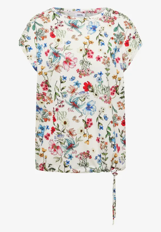 Wit dames-T-shirt met kleurrijke bloemenprint, korte mouwen en zijstrikkoord.