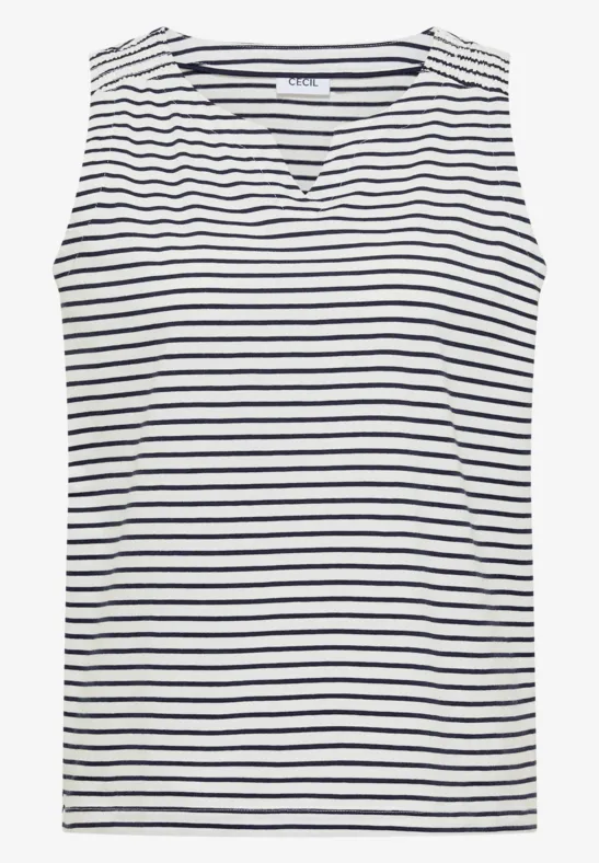 Ärmelloses, weiß-blau gestreiftes Top mit leichtem V-Ausschnitt.