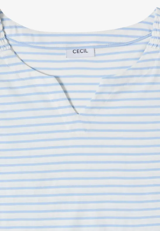 Weiß-blau gestreiftes T-Shirt mit V-Ausschnitt und Markenlabel 'CECIL'