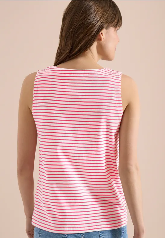 Ärmelloses Top mit roten und weißen Querstreifen, Rückenansicht.