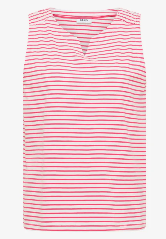 Ärmelloses Top mit weißen und korallfarbenen Streifen und kleinem V-Ausschnitt.