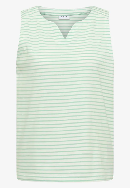 Mouwloos wit topje met fijne groene strepen en V-hals