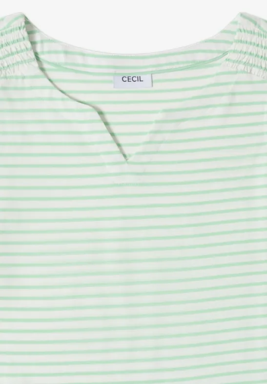 Wit T-shirt met korte mouwen, fijne lichtgroene strepen en een kleine V-hals