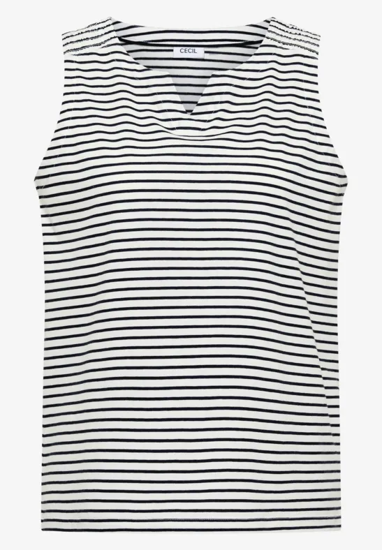 Ärmelloses Damen-Oberteil mit V-Ausschnitt, weiß-schwarz gestreift.