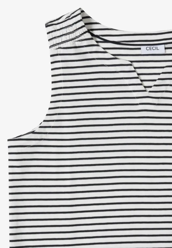 Ärmelloses weißes Top mit schwarzen Streifen und V-Ausschnitt.