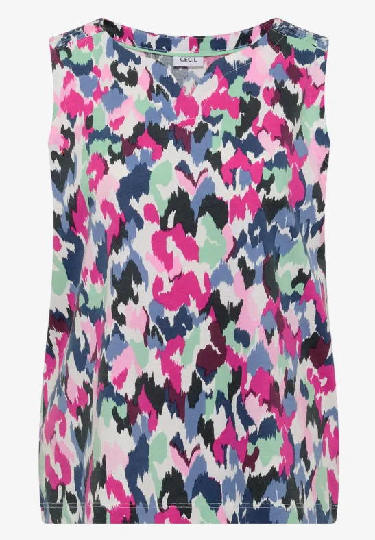 Mouwloze damestop met ronde hals, abstract camouflagepatroon in pink, groen, wit en blauw.
