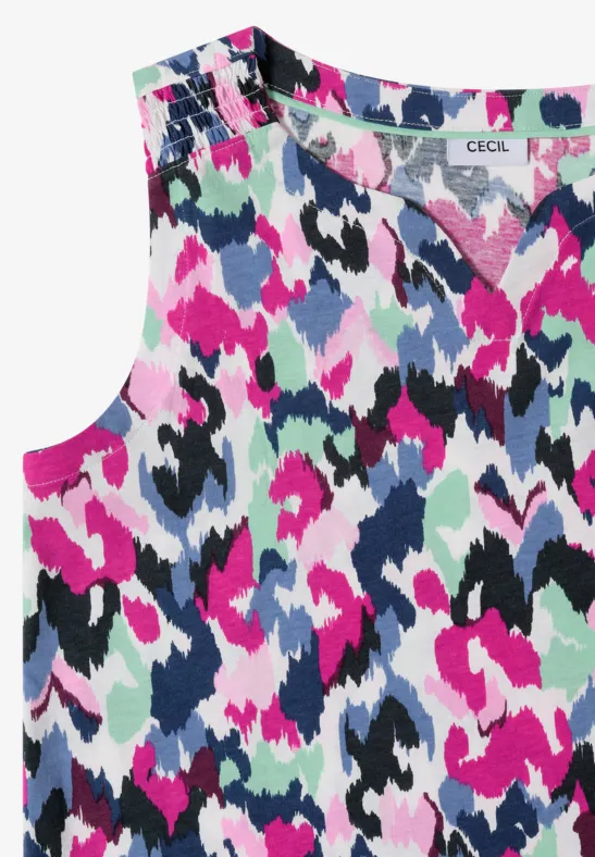 Mouwloos, veelkleurig shirt met abstract luipaardprint.