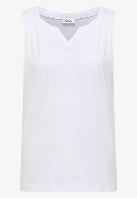 Weißes ärmelloses Damen-Top mit V-Ausschnitt aus leichtem Stoff.