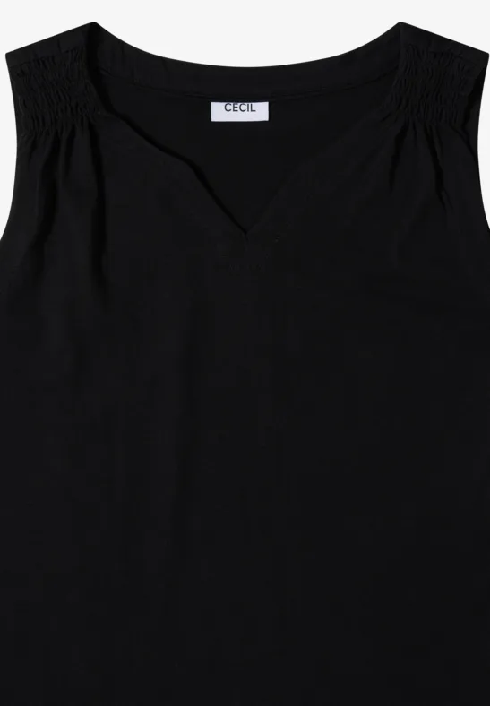 Schwarzes ärmelloses Damen-Top mit V-Ausschnitt und feinen Schulterfalten.