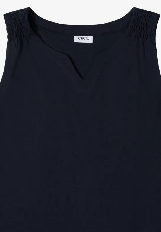 Dunkelblaues ärmelloses Top mit V-Ausschnitt und gerafften Schultern