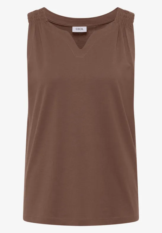 Braunes, ärmelloses Top mit V-Ausschnitt und breiten Trägern.
