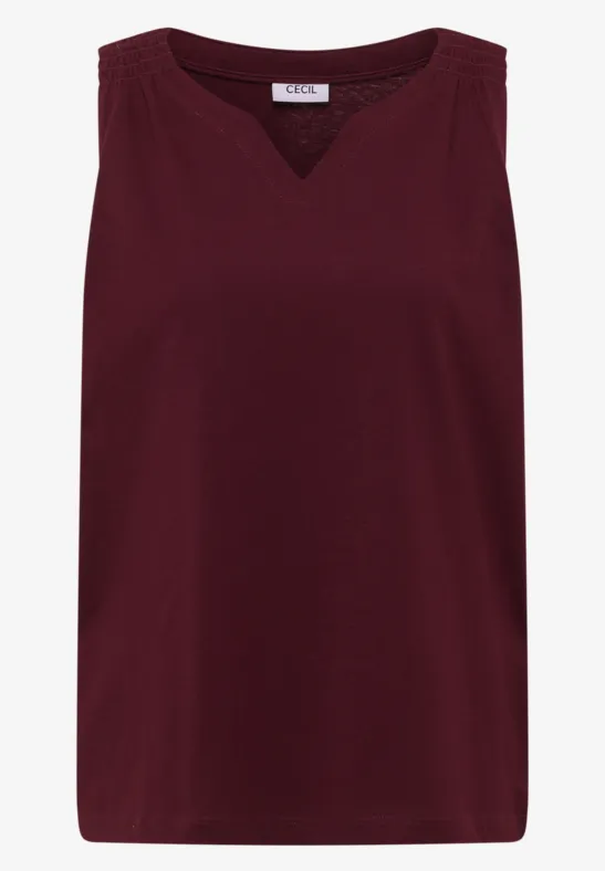 Ärmelloses Top in bordeauxrot mit V-Ausschnitt und geradem Saum.