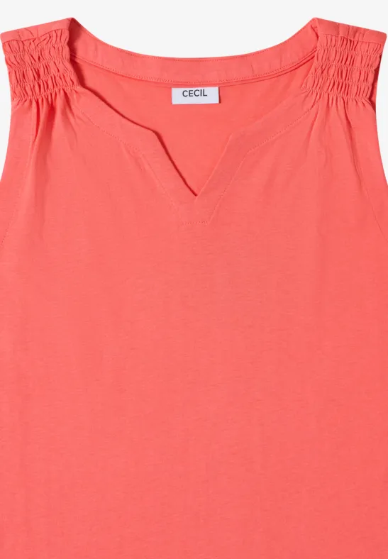 Mouwloze top in koraal met V-split en geplooide schouders, merk CECIL.