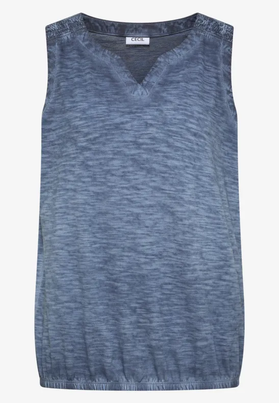 Ärmelloses Stricktop mit V-Ausschnitt in Blaumelange und elastischem Bund.