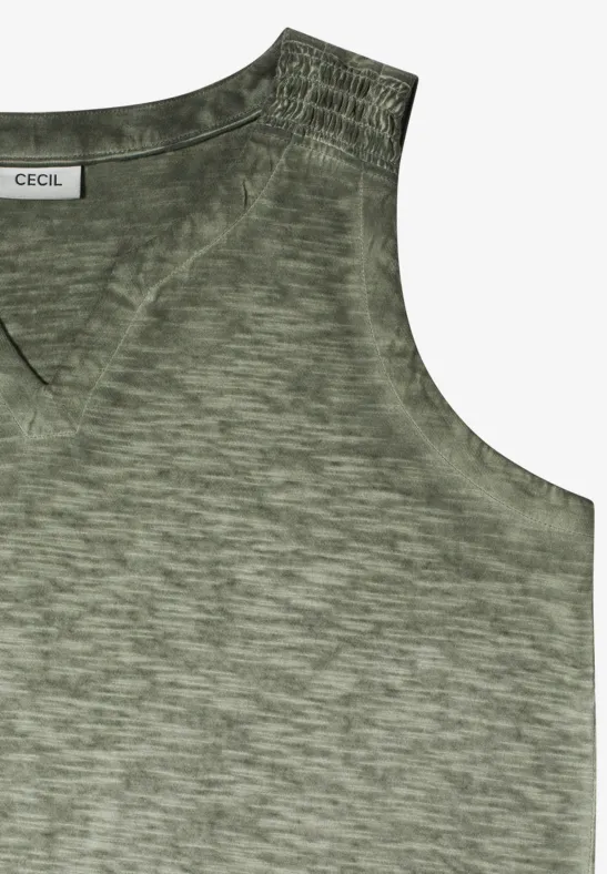 Mouwloos dames top in olijfgroen met subtiele melering en ronde hals.