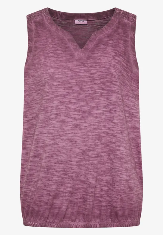 Mouwloze fijngebreide top in gemêleerde paarstinten met V-hals.