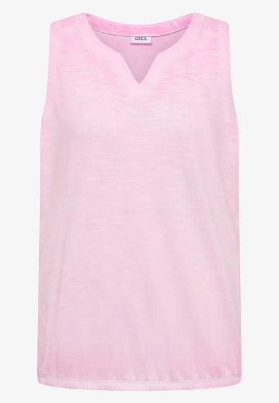 Ärmelloses, hellrosa Top aus leicht meliertem Stoff mit kleinem V-Ausschnitt.