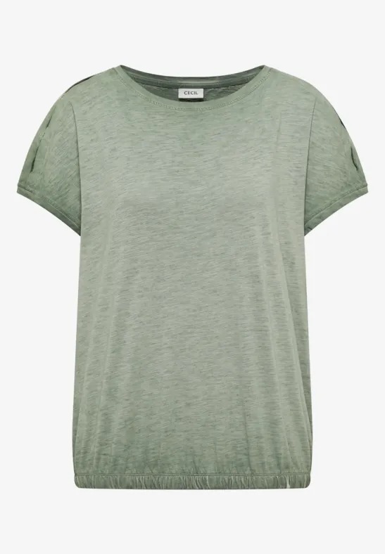 Leichtes grünes T-Shirt mit kurzen Ärmeln und Rundhalsausschnitt.