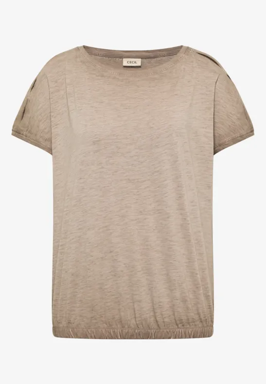 Beige Kurzarmshirt mit rundem Ausschnitt und elastischem Saum, locker geschnitten.