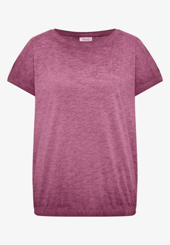 Schlichtes, kurzärmeliges Damen-T-Shirt in melierter Pink-Optik mit Rundhalsausschnitt.