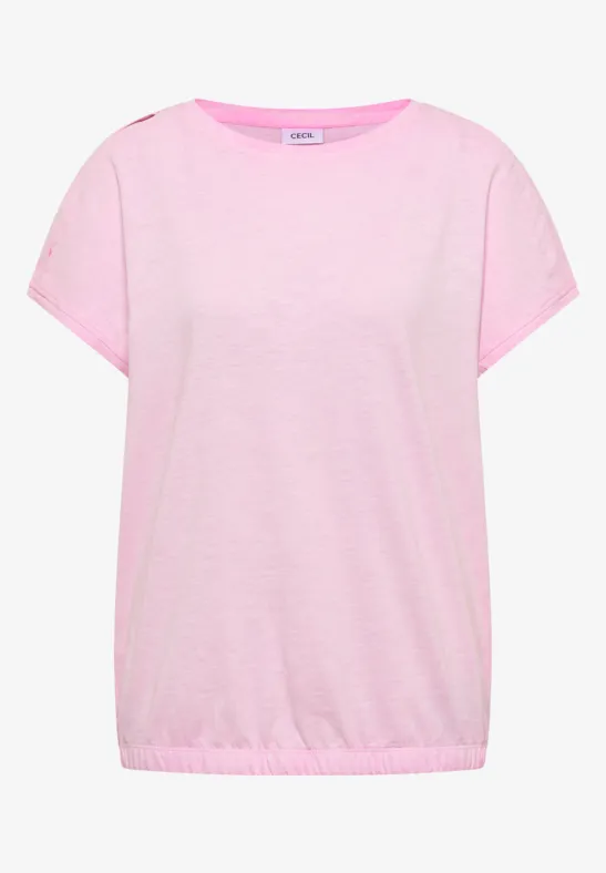Locker geschnittenes pinkes Kurzarm-Shirt mit weitem Rundhalsausschnitt und elastischem Saum.