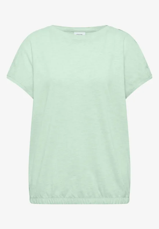 Pastellgrünes, kurzärmeliges Damen-T-Shirt mit elastischem Saum.